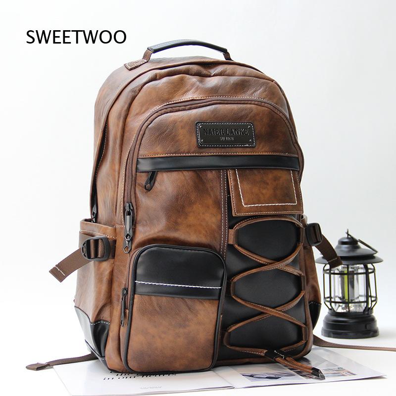 Leather Backpack Vintage - Men Brown Color Block Faux Leather