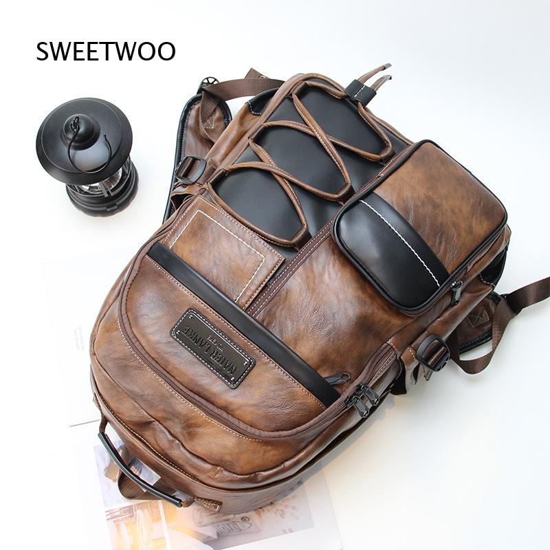 Men Brown Color Block Faux Lea - Leather Backpack Vintage 评论和价格