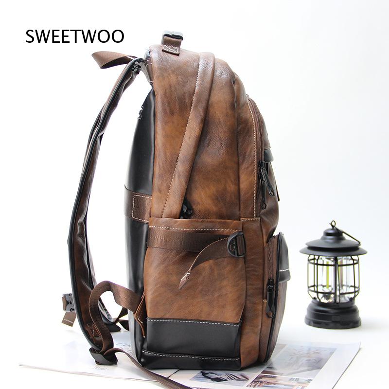 Men Brown Color Block Faux Lea - Leather Backpack Vintage 评论和价格