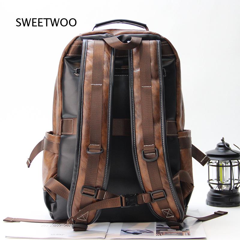 Men Brown Color Block Faux Lea - Leather Backpack Vintage 评论和价格